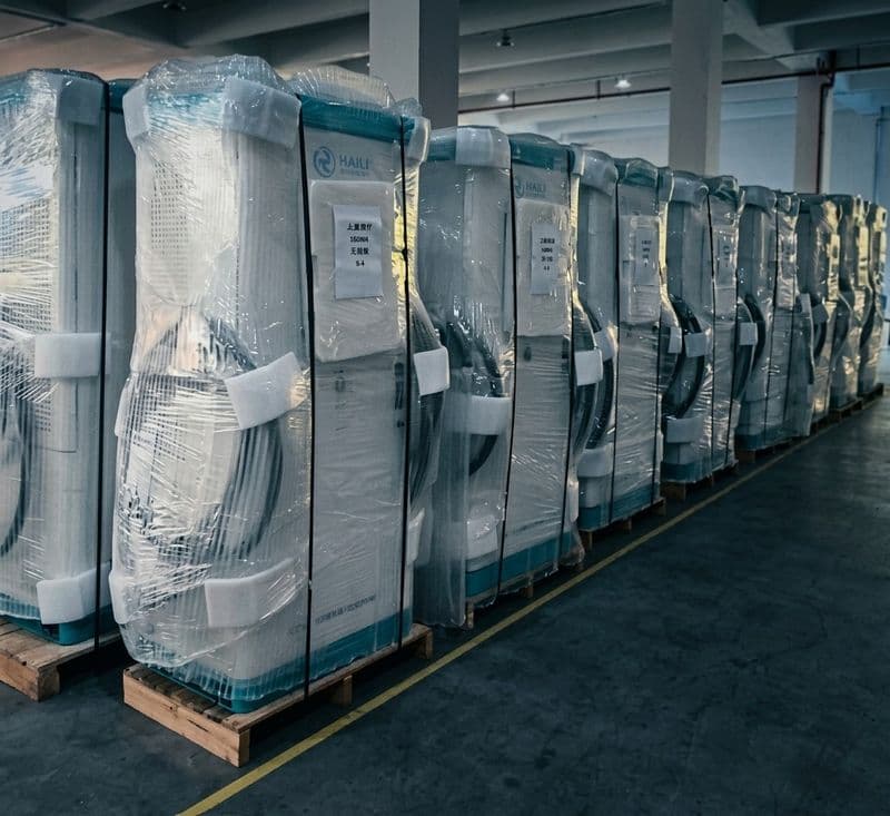 Chargers waiting in a warehouse